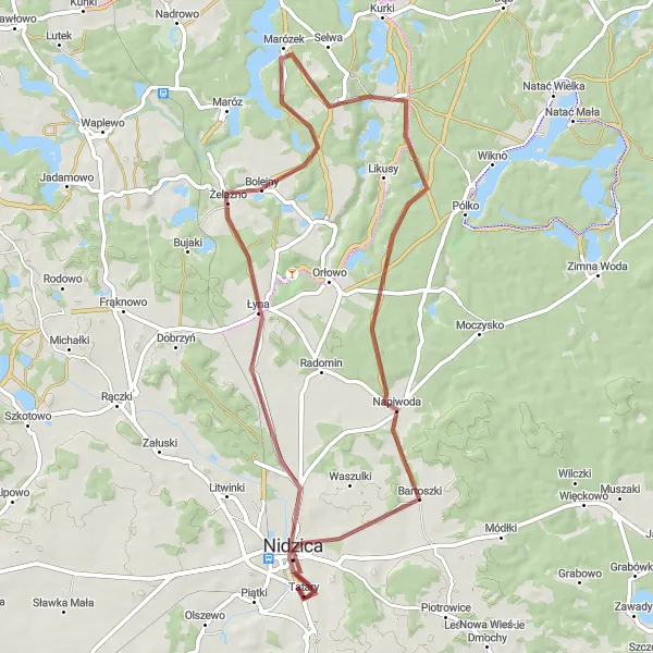 Map miniature of "Nidzica Gravel Route" cycling inspiration in Warmińsko-mazurskie, Poland. Generated by Tarmacs.app cycling route planner