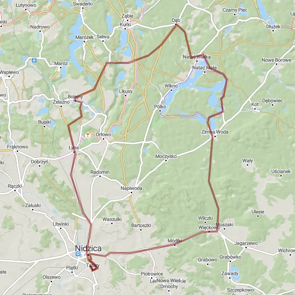 Map miniature of "Lake Muszaki Challenge" cycling inspiration in Warmińsko-mazurskie, Poland. Generated by Tarmacs.app cycling route planner
