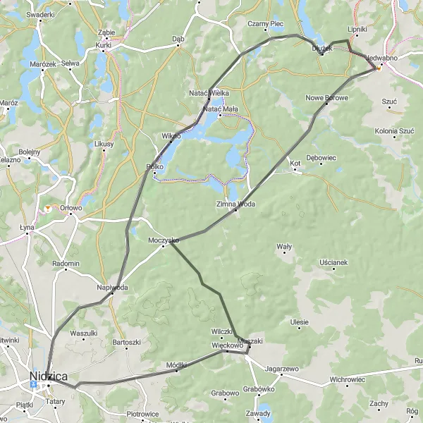 Map miniature of "Historic Nidzica Route" cycling inspiration in Warmińsko-mazurskie, Poland. Generated by Tarmacs.app cycling route planner