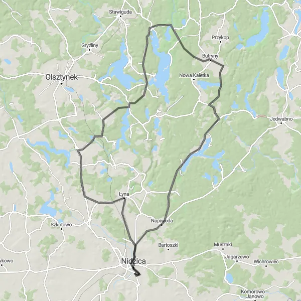 Map miniature of "Mazurian Road Adventure" cycling inspiration in Warmińsko-mazurskie, Poland. Generated by Tarmacs.app cycling route planner