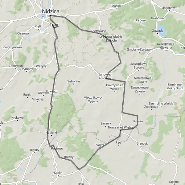 Miniatura mapy "Przejażdżka z Nidzicy do Napierków i Tatary" - trasy rowerowej w Warmińsko-mazurskie, Poland. Wygenerowane przez planer tras rowerowych Tarmacs.app