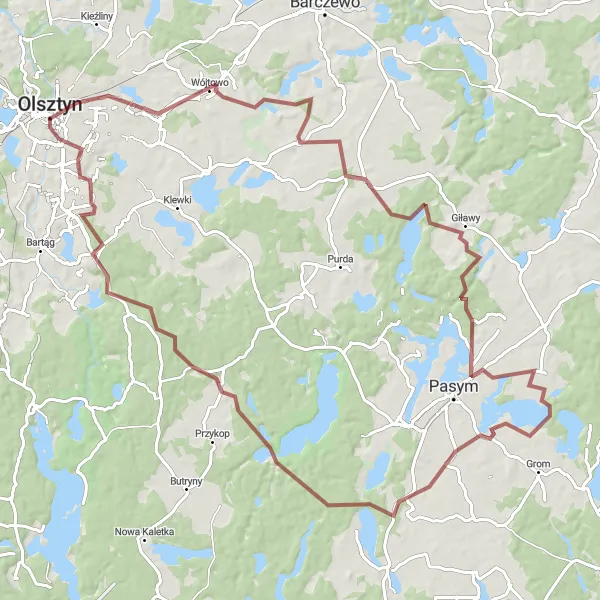 Miniatura mapy "Trasa gravel przez Warmię i Mazury" - trasy rowerowej w Warmińsko-mazurskie, Poland. Wygenerowane przez planer tras rowerowych Tarmacs.app