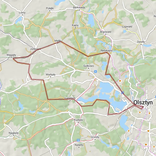 Miniatura mapy "Krótka trasa gravelowa w okolicach Olsztyna" - trasy rowerowej w Warmińsko-mazurskie, Poland. Wygenerowane przez planer tras rowerowych Tarmacs.app