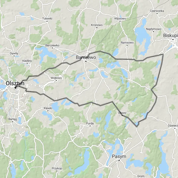 Miniatura mapy "Szlak Barczewo-Klebark Wielki" - trasy rowerowej w Warmińsko-mazurskie, Poland. Wygenerowane przez planer tras rowerowych Tarmacs.app