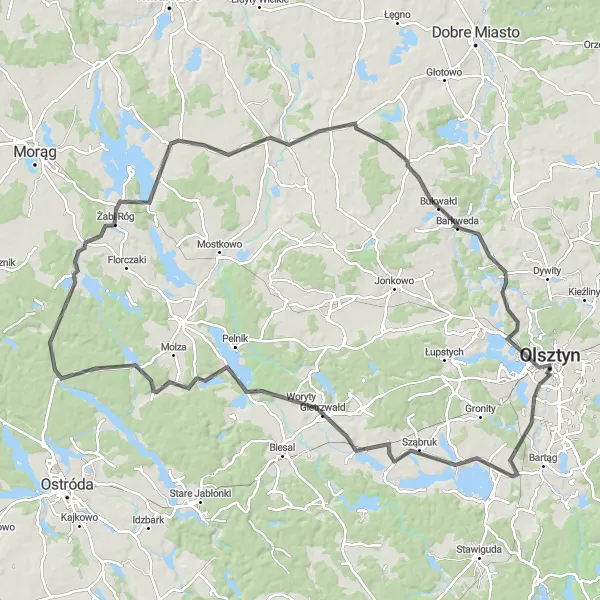 Miniatura mapy "Długa trasa szosowa na Warmii i Mazurach" - trasy rowerowej w Warmińsko-mazurskie, Poland. Wygenerowane przez planer tras rowerowych Tarmacs.app