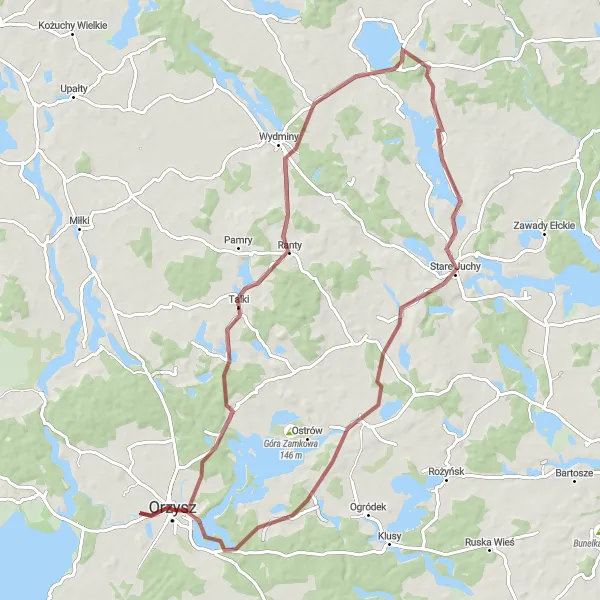 Map miniature of "Orzysz Gravel Adventure" cycling inspiration in Warmińsko-mazurskie, Poland. Generated by Tarmacs.app cycling route planner