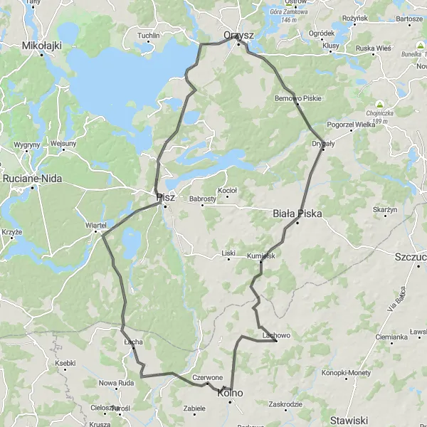 Map miniature of "A Journey to Orzysz" cycling inspiration in Warmińsko-mazurskie, Poland. Generated by Tarmacs.app cycling route planner