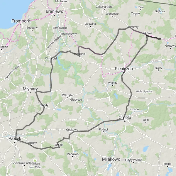 Miniatura mapy "Przejażdżka przez Słobity, Pieniężno i Pasłęk" - trasy rowerowej w Warmińsko-mazurskie, Poland. Wygenerowane przez planer tras rowerowych Tarmacs.app