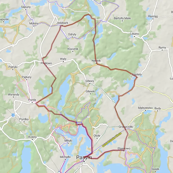 Map miniature of "Mycielin Gravel Loop" cycling inspiration in Warmińsko-mazurskie, Poland. Generated by Tarmacs.app cycling route planner