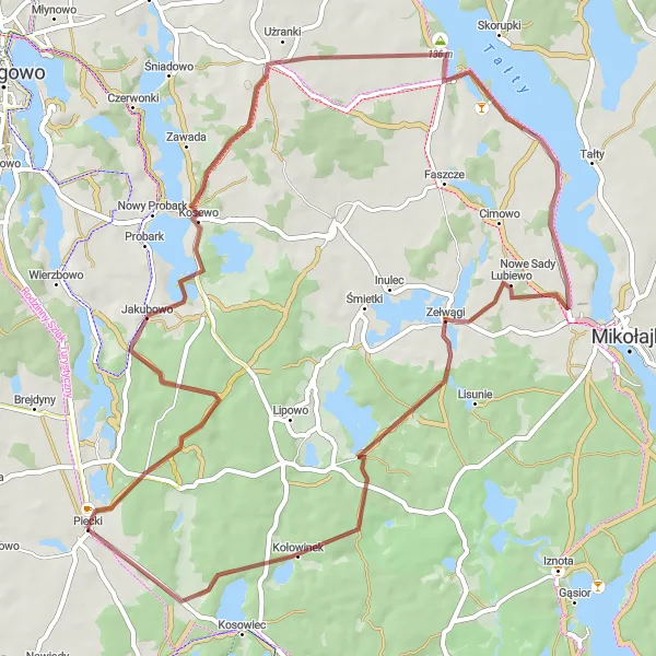 Map miniature of "Gravel Loop to Probarskie, Jora Mała, and Zełwągi" cycling inspiration in Warmińsko-mazurskie, Poland. Generated by Tarmacs.app cycling route planner