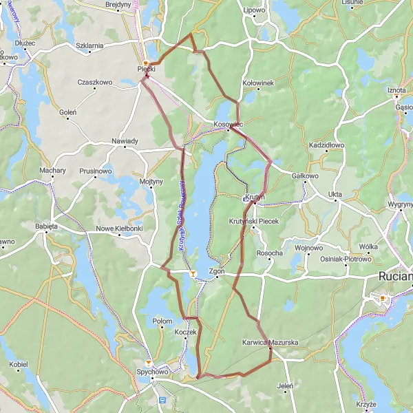 Map miniature of "Gravel Loop to Piersławek, Krutyń, and Karwica Mazurska" cycling inspiration in Warmińsko-mazurskie, Poland. Generated by Tarmacs.app cycling route planner