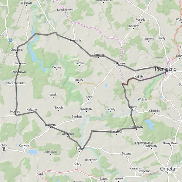 Map miniature of "The Mazurian Lake Ride" cycling inspiration in Warmińsko-mazurskie, Poland. Generated by Tarmacs.app cycling route planner