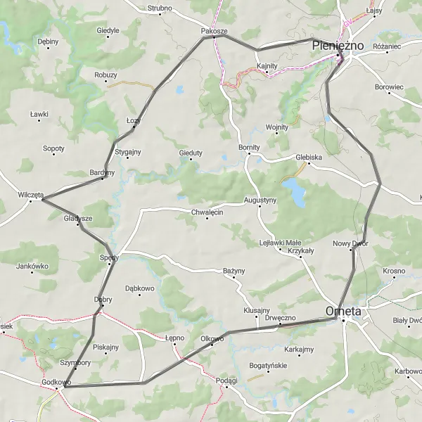 Map miniature of "The Historical Road Ride" cycling inspiration in Warmińsko-mazurskie, Poland. Generated by Tarmacs.app cycling route planner