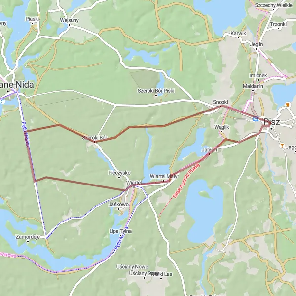 Map miniature of "Escape to Szeroki Bór" cycling inspiration in Warmińsko-mazurskie, Poland. Generated by Tarmacs.app cycling route planner