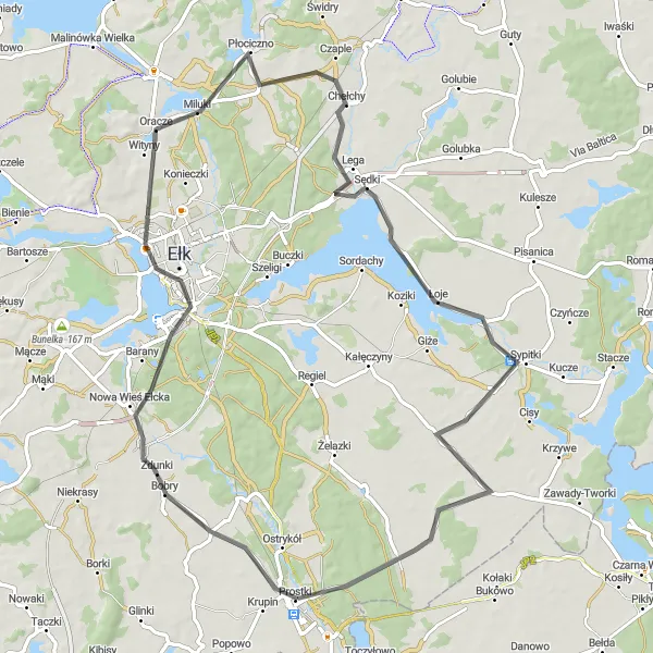 Miniatura mapy "Trasa szosowa z Elku przez Jezioro Ełckie i Laski Małe" - trasy rowerowej w Warmińsko-mazurskie, Poland. Wygenerowane przez planer tras rowerowych Tarmacs.app