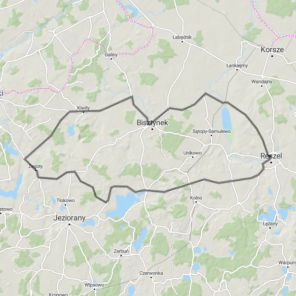 Map miniature of "Reszel to Wągsty Road Cycling Route" cycling inspiration in Warmińsko-mazurskie, Poland. Generated by Tarmacs.app cycling route planner