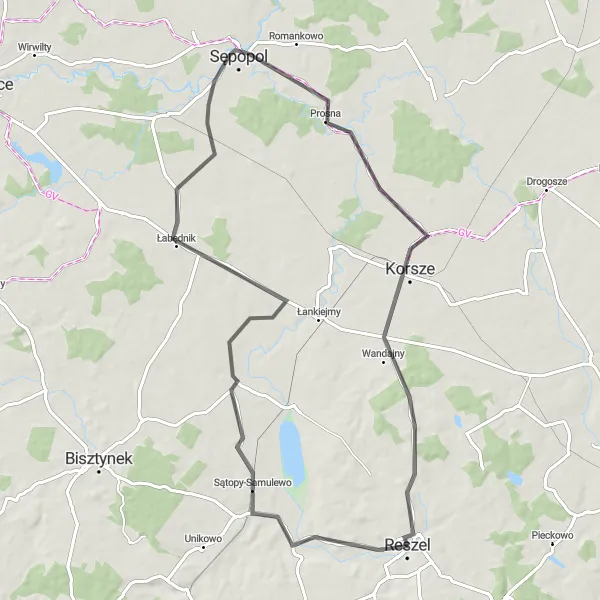 Map miniature of "Picturesque Countryside Ride" cycling inspiration in Warmińsko-mazurskie, Poland. Generated by Tarmacs.app cycling route planner