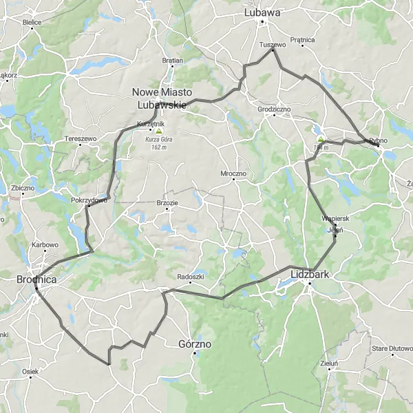 Miniatura mapy "Trasa przez Jeglię i Lidzbark" - trasy rowerowej w Warmińsko-mazurskie, Poland. Wygenerowane przez planer tras rowerowych Tarmacs.app