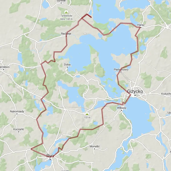 Miniatura mapy "Przez Mazurskie Szlaki" - trasy rowerowej w Warmińsko-mazurskie, Poland. Wygenerowane przez planer tras rowerowych Tarmacs.app