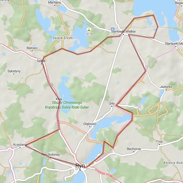 Miniatura mapy "Trasa wokół Rynu i okolic" - trasy rowerowej w Warmińsko-mazurskie, Poland. Wygenerowane przez planer tras rowerowych Tarmacs.app
