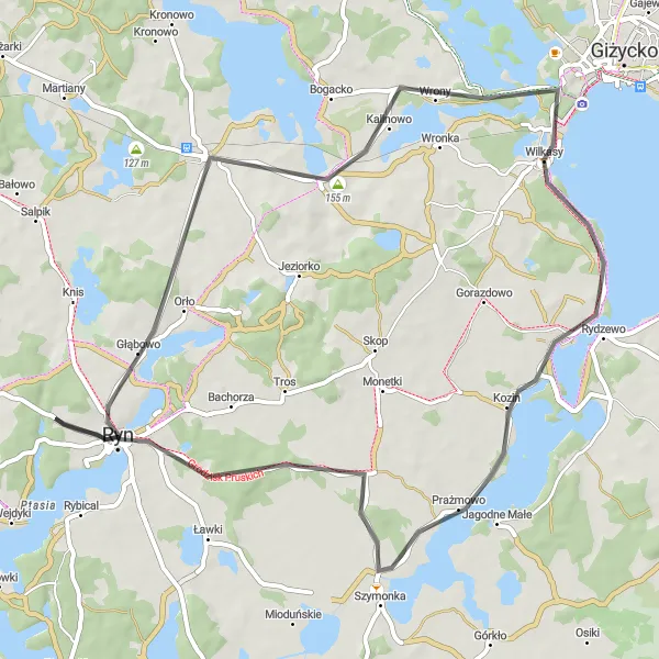 Miniatura mapy "Przez Warmińskie Drogi" - trasy rowerowej w Warmińsko-mazurskie, Poland. Wygenerowane przez planer tras rowerowych Tarmacs.app