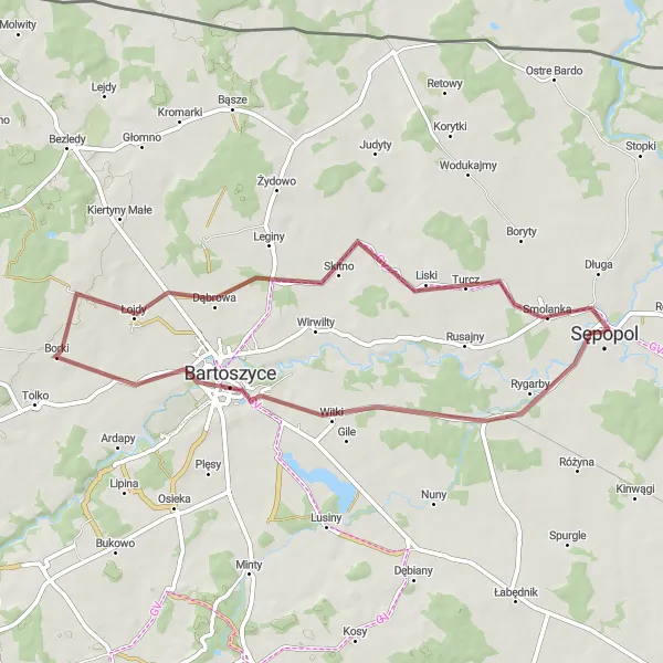 Miniatura mapy "Trasa gravelowa przez Witki i Dąbrowę" - trasy rowerowej w Warmińsko-mazurskie, Poland. Wygenerowane przez planer tras rowerowych Tarmacs.app