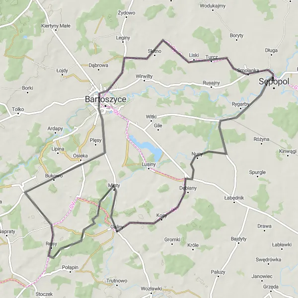 Miniatura mapy "Trasa przez Osiekę i Bartoszyce" - trasy rowerowej w Warmińsko-mazurskie, Poland. Wygenerowane przez planer tras rowerowych Tarmacs.app