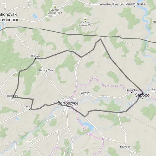 Miniatura mapy "Trasa przez Wojciechy i Bezledy" - trasy rowerowej w Warmińsko-mazurskie, Poland. Wygenerowane przez planer tras rowerowych Tarmacs.app