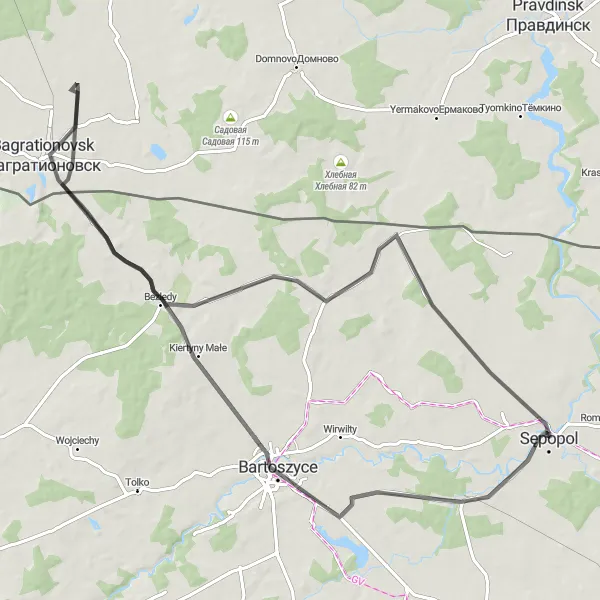 Miniatura mapy "Trasa do Bagrationovsk przez Kiertyny Małe" - trasy rowerowej w Warmińsko-mazurskie, Poland. Wygenerowane przez planer tras rowerowych Tarmacs.app