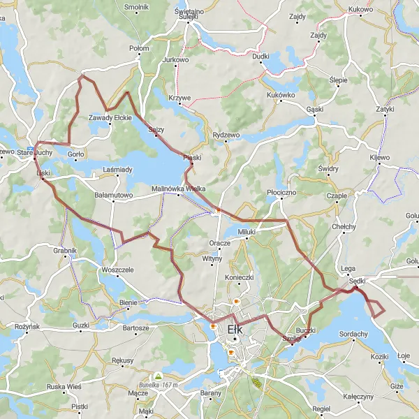 Miniatura mapy "Długa trasa gravelowa przez Sajzy i Selmęt Wielki" - trasy rowerowej w Warmińsko-mazurskie, Poland. Wygenerowane przez planer tras rowerowych Tarmacs.app