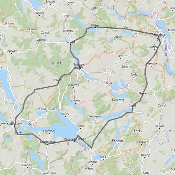 Map miniature of "Olecko Ride" cycling inspiration in Warmińsko-mazurskie, Poland. Generated by Tarmacs.app cycling route planner