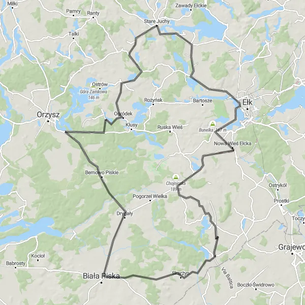 Miniatura mapy "Trasa z Chrzanowa przez Jezioro Ełckie do Starych Juch" - trasy rowerowej w Warmińsko-mazurskie, Poland. Wygenerowane przez planer tras rowerowych Tarmacs.app