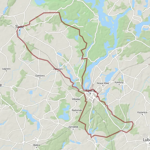 Miniatura mapy "Trasa gravelowa z Susza" - trasy rowerowej w Warmińsko-mazurskie, Poland. Wygenerowane przez planer tras rowerowych Tarmacs.app