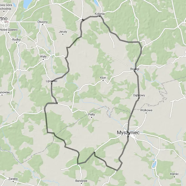 Miniatura mapy "Przez Dąbrowy, Charciabaldę i Lipowiec" - trasy rowerowej w Warmińsko-mazurskie, Poland. Wygenerowane przez planer tras rowerowych Tarmacs.app