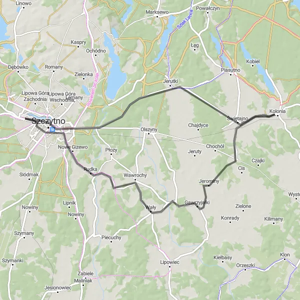 Miniatura mapy "Przejażdżka z Szczytna do Jerutków i Świętajna" - trasy rowerowej w Warmińsko-mazurskie, Poland. Wygenerowane przez planer tras rowerowych Tarmacs.app