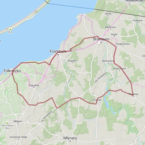 Map miniature of "Gravel Adventure in Warmińsko-Mazurskie" cycling inspiration in Warmińsko-mazurskie, Poland. Generated by Tarmacs.app cycling route planner