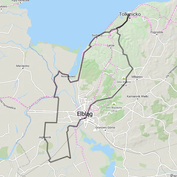 Miniatura mapy "Trasa Elbląg i okolice" - trasy rowerowej w Warmińsko-mazurskie, Poland. Wygenerowane przez planer tras rowerowych Tarmacs.app