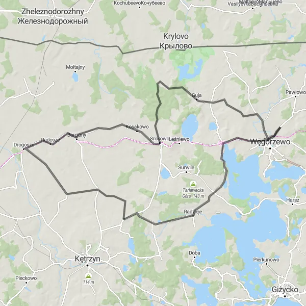 Miniatura mapy "Węgorzewo - Barciany - Węgorzewo" - trasy rowerowej w Warmińsko-mazurskie, Poland. Wygenerowane przez planer tras rowerowych Tarmacs.app