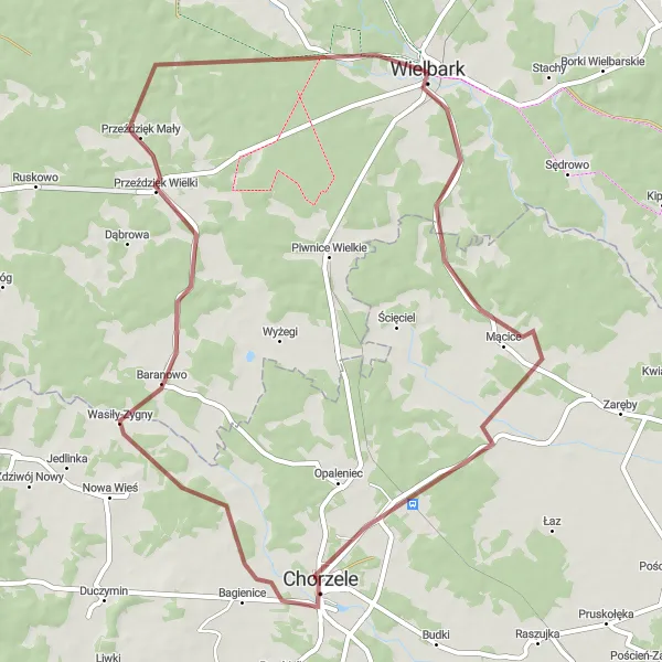 Miniatura mapy "Trasa rowerowa Wielbark - Mącice - Chorzele" - trasy rowerowej w Warmińsko-mazurskie, Poland. Wygenerowane przez planer tras rowerowych Tarmacs.app