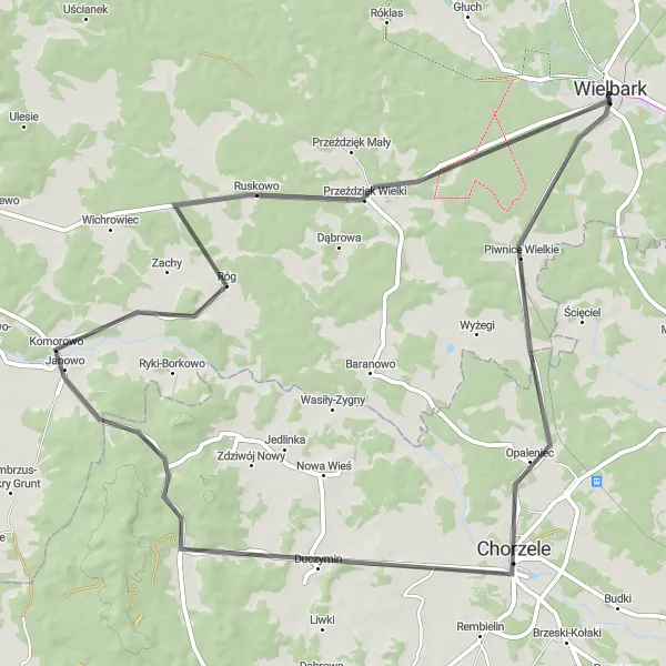 Map miniature of "Opaleniec Loop" cycling inspiration in Warmińsko-mazurskie, Poland. Generated by Tarmacs.app cycling route planner