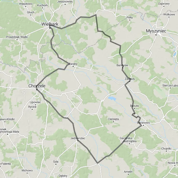 Miniatura mapy "Trasa rowerowa Wielbark - Mącice - Jednorożec" - trasy rowerowej w Warmińsko-mazurskie, Poland. Wygenerowane przez planer tras rowerowych Tarmacs.app