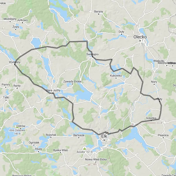 Miniatura mapy "Trasa Mazuchówka - Wydminy - Stare Juchy" - trasy rowerowej w Warmińsko-mazurskie, Poland. Wygenerowane przez planer tras rowerowych Tarmacs.app