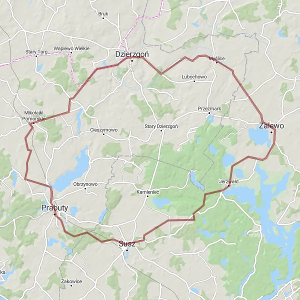 Miniatura mapy "Pętla wokół Zalewa i Jeziora Płaskiego" - trasy rowerowej w Warmińsko-mazurskie, Poland. Wygenerowane przez planer tras rowerowych Tarmacs.app