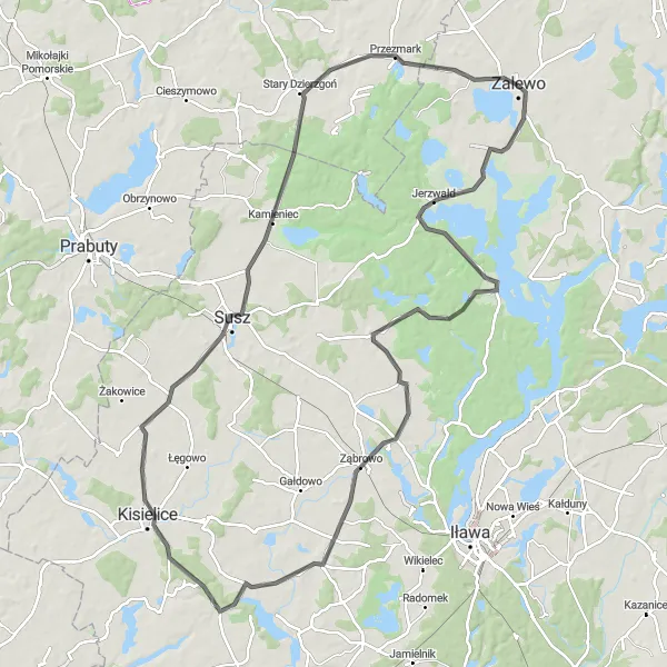 Miniatura mapy "Zalewo - Jezioro Płaskie - Jerzwałd - Siemiany - Laseczno - Kisielice - Stary Dzierzgoń - Lake Ewingi - Zalewo" - trasy rowerowej w Warmińsko-mazurskie, Poland. Wygenerowane przez planer tras rowerowych Tarmacs.app