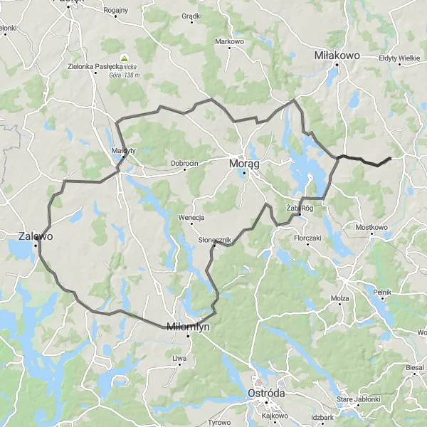 Miniatura mapy "Zalewo - Małdyty - Jurki - Brzydowo - Żabi Róg - Miłomłyn - Rąbity" - trasy rowerowej w Warmińsko-mazurskie, Poland. Wygenerowane przez planer tras rowerowych Tarmacs.app