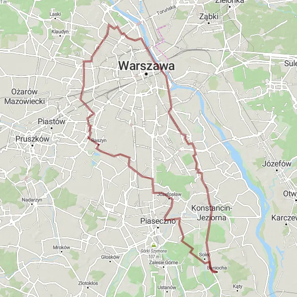 Map miniature of "The Gravel Exploration" cycling inspiration in Warszawski stołeczny, Poland. Generated by Tarmacs.app cycling route planner