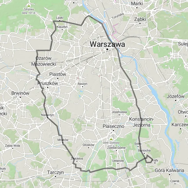 Map miniature of "Scenic Route to the South" cycling inspiration in Warszawski stołeczny, Poland. Generated by Tarmacs.app cycling route planner