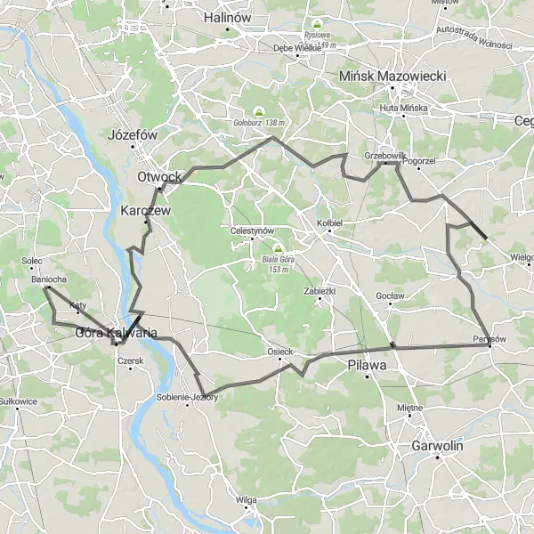 Map miniature of "The Road Cycling Odyssey" cycling inspiration in Warszawski stołeczny, Poland. Generated by Tarmacs.app cycling route planner