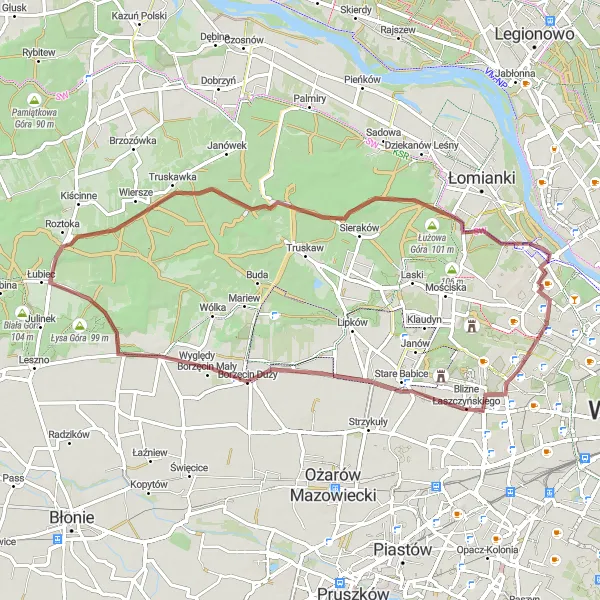 Map miniature of "Gravel Adventure and Cold War Relics" cycling inspiration in Warszawski stołeczny, Poland. Generated by Tarmacs.app cycling route planner