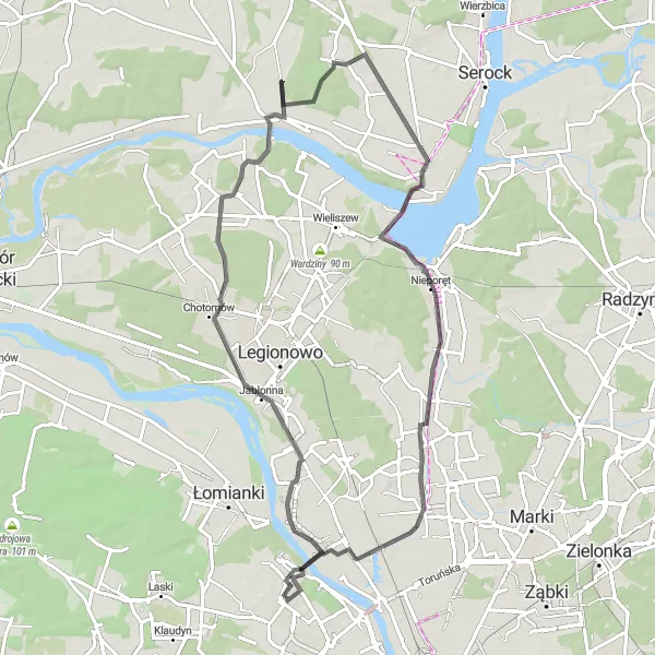 Map miniature of "Nature and Fortifications" cycling inspiration in Warszawski stołeczny, Poland. Generated by Tarmacs.app cycling route planner